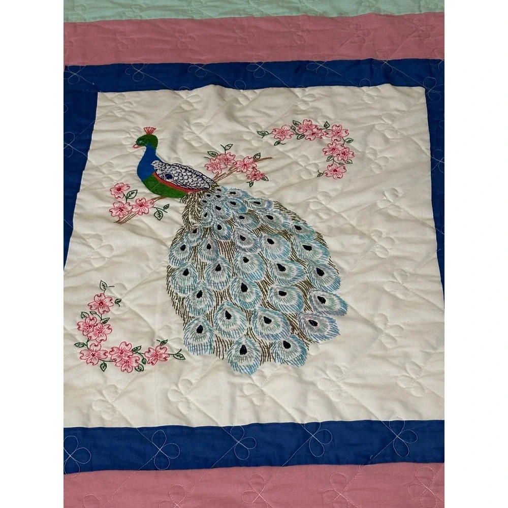 Vintage Peacock Embroidered Quilt Colorful Multi Border Butterfly Stitching
